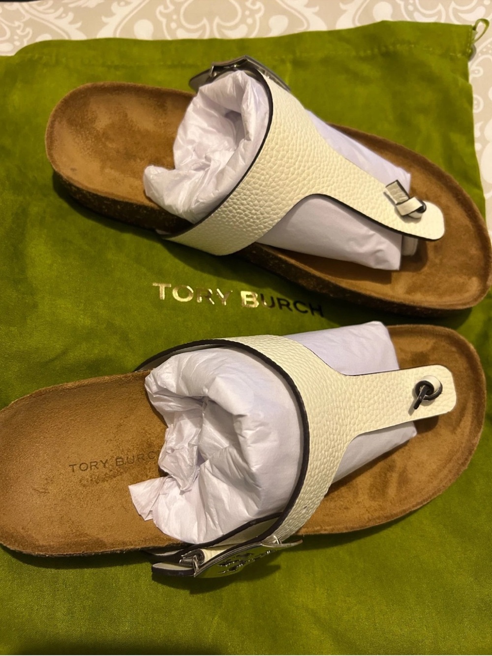 New Tory Burch Leather Mellow T Strap Thong Sandals Blanc Oak 8 $250